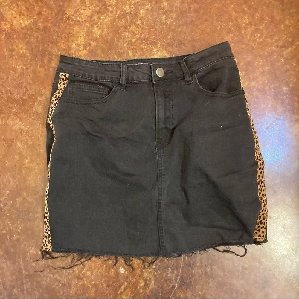Forever 21 Black Denim Distressed Skirt with Leopard Trim